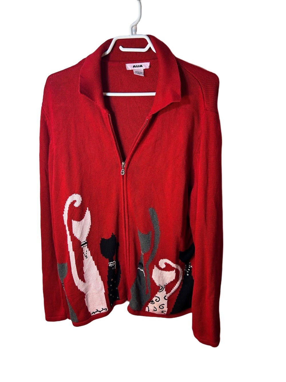 Alia Red Zip-Front Cat Motif Cardigan